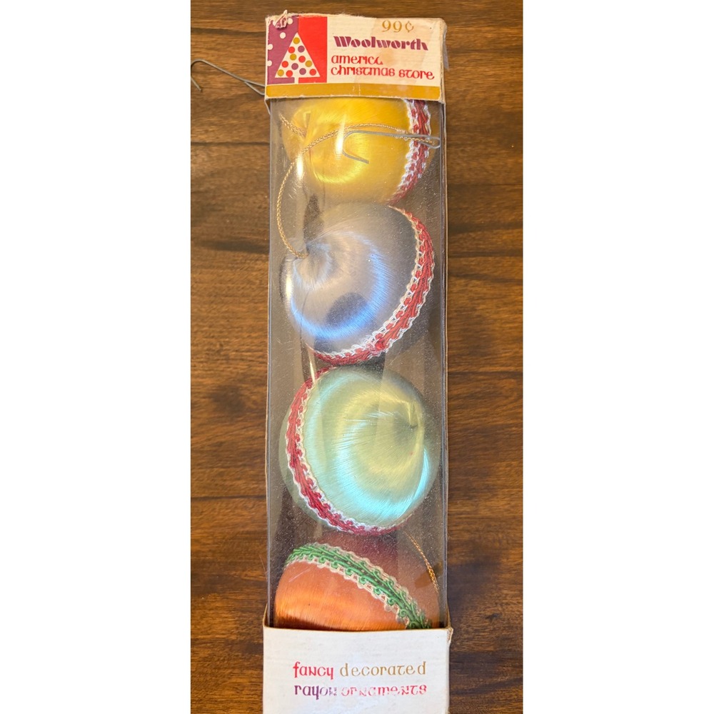 Vintage NIP Woolworth Satin Christmas Ornaments Set 4 Fancy Decorated